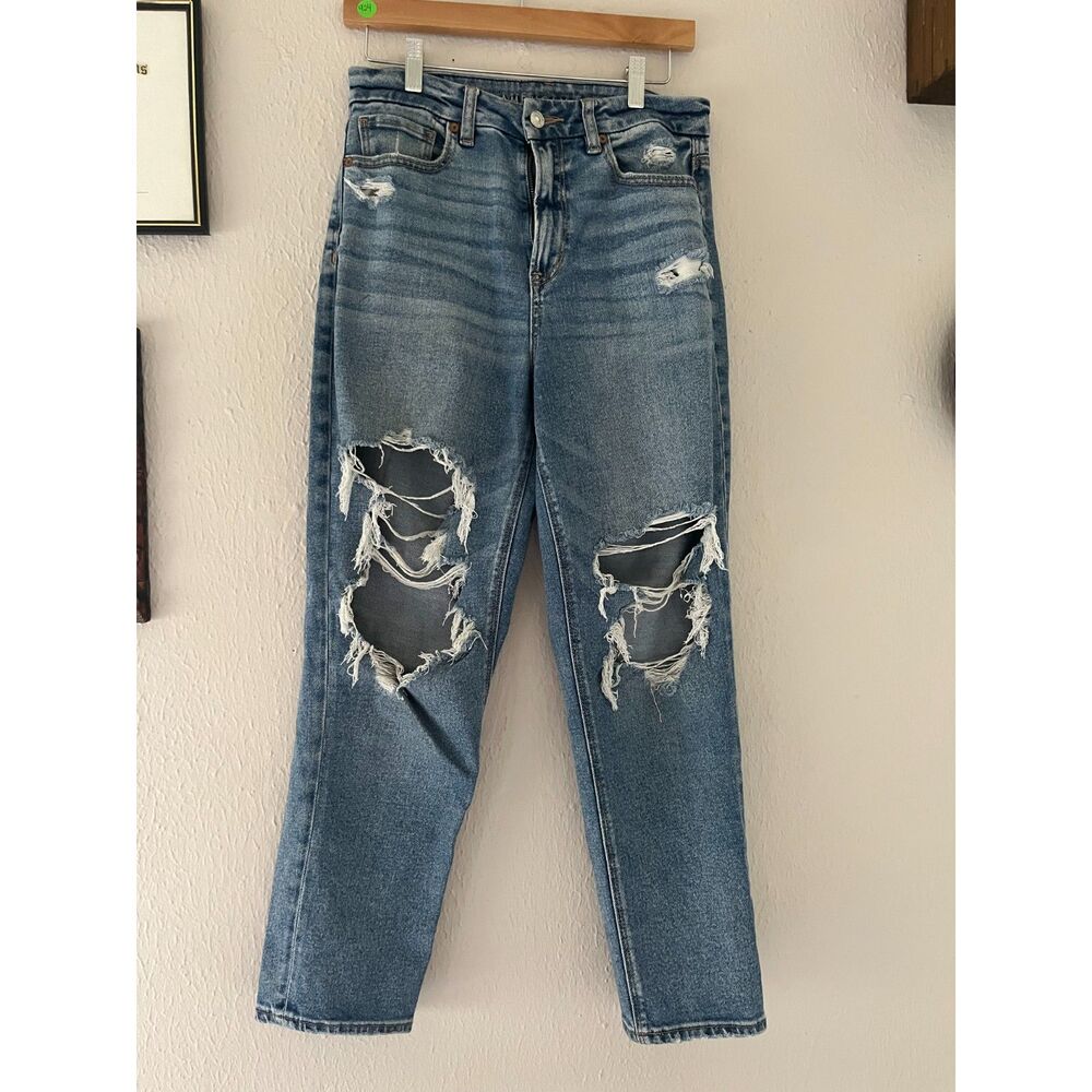 Distressed AE High Rise Distressed Mom Jeans, Denim dark wash